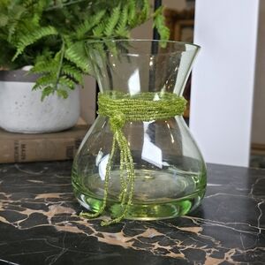 5.75" Light Green Art Glass Vase w/ Beaded Tassel Wrap Boho Y2K Decor
